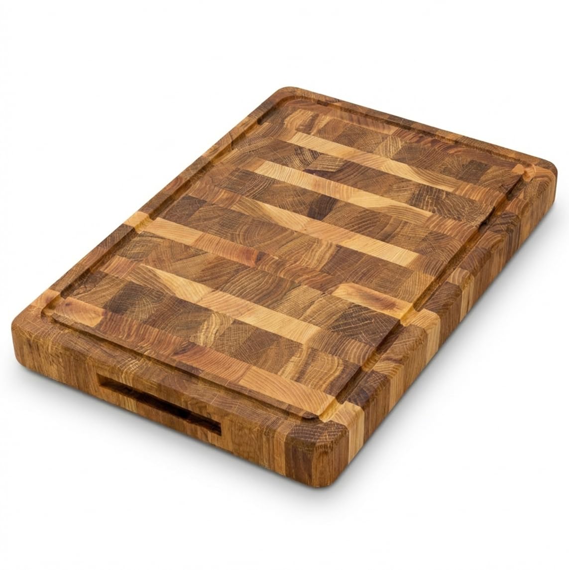 Massives Stirnholz Schneidebrett aus Eiche 44x29x4 cm – Extra Dickes Hackbrett mit Saftrille, Profi Küchenbrett für Fleisch, Holz Schneidebrett