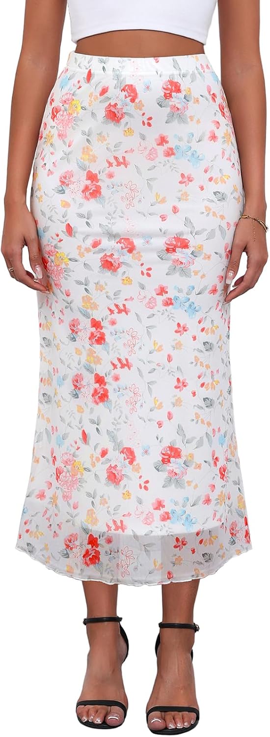 Women’s Y2k Floral Print Mesh Midi Skirt Elastic High Waisted Bodycon Boho Mermaid Summer Long Skirts for Women