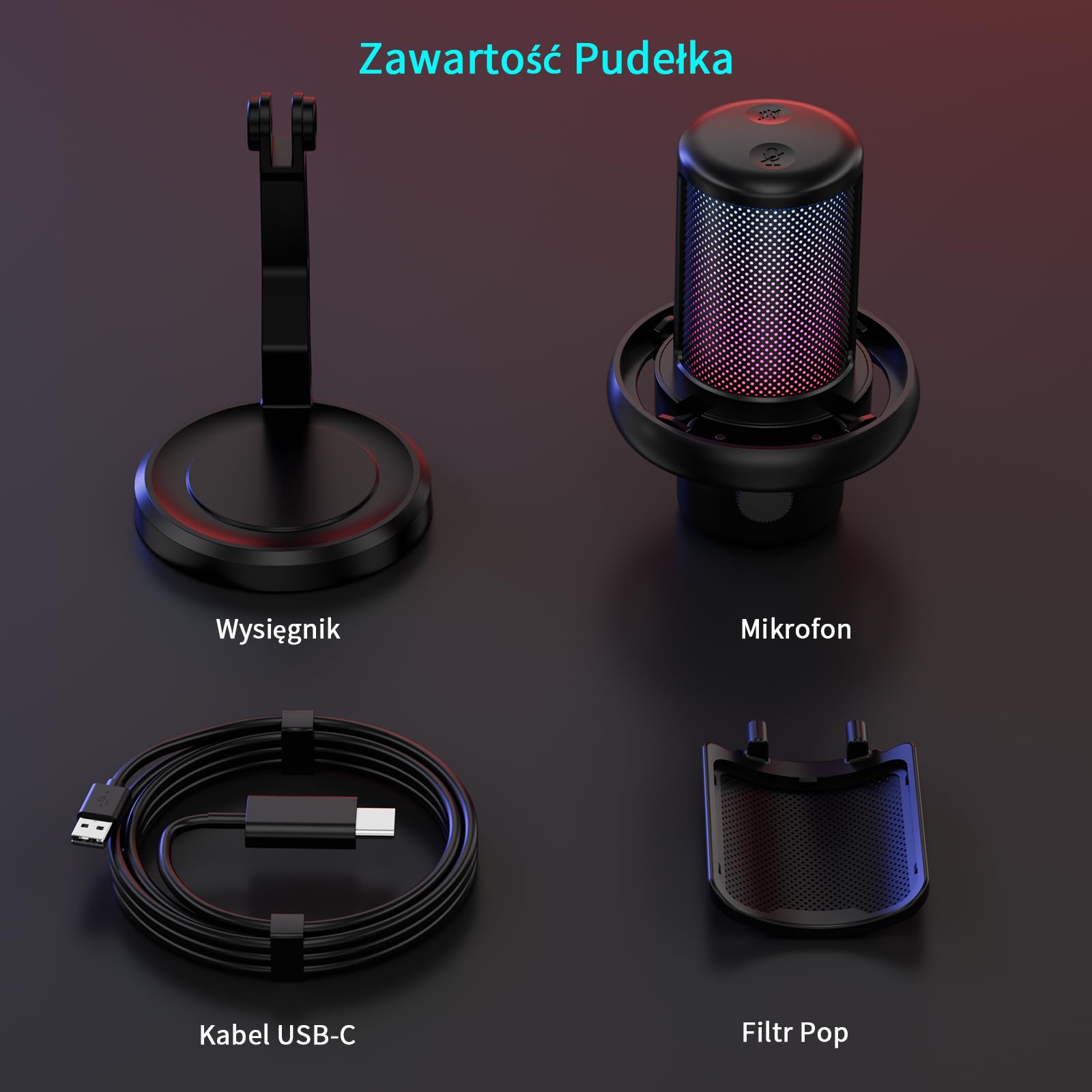 K KASONIC Mikrofon Gamingowy z Oświetleniem RGB, USB Mikrofon Pojemnościowy z Filtrem Pop dla PC, Szybkie Wyciszenie i Redukcja Szumów, Zestaw Mikrofonu Biurkowego dla PS4/5