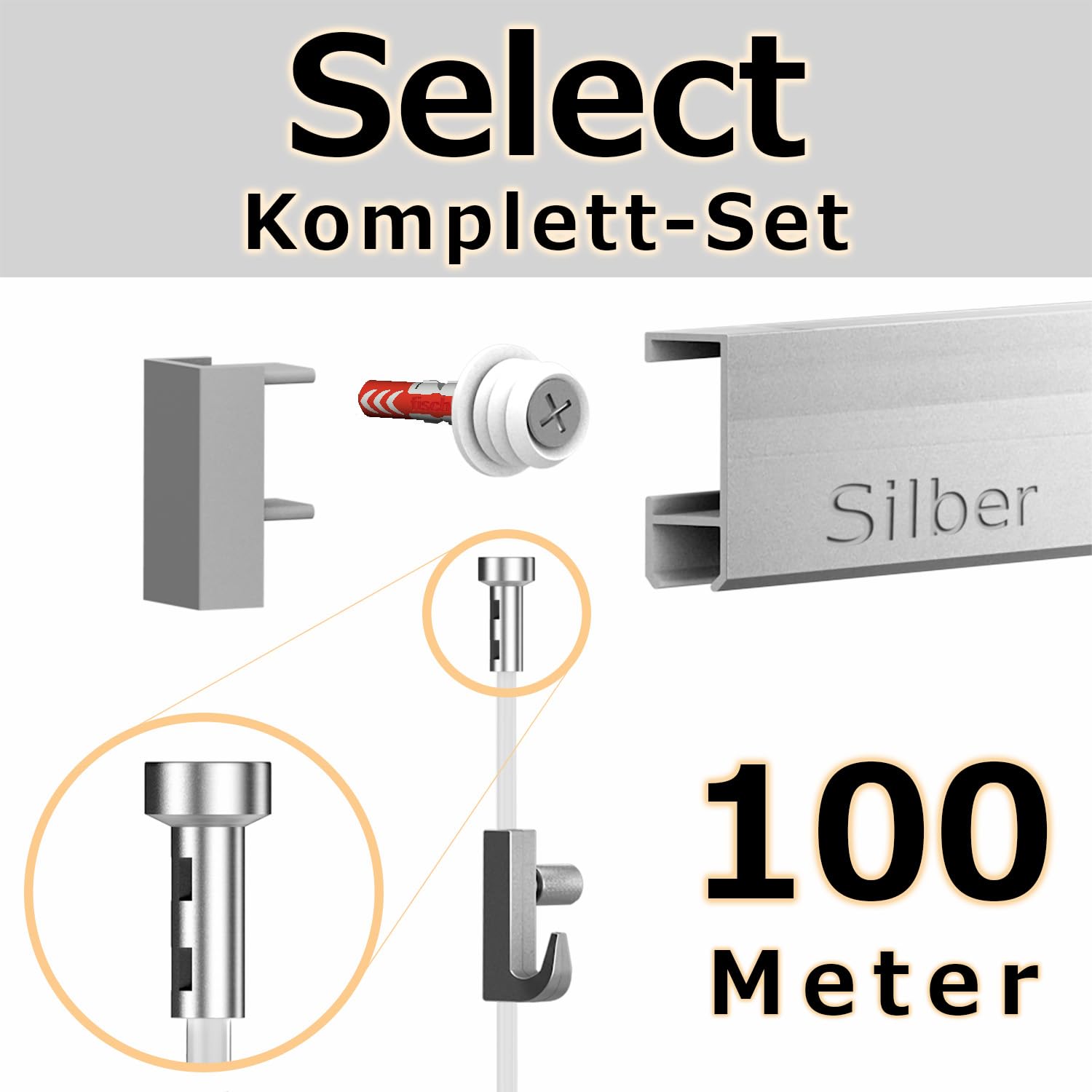 hang-it 100 Meter Bilderschienen - Select - Komplett Set in Silber