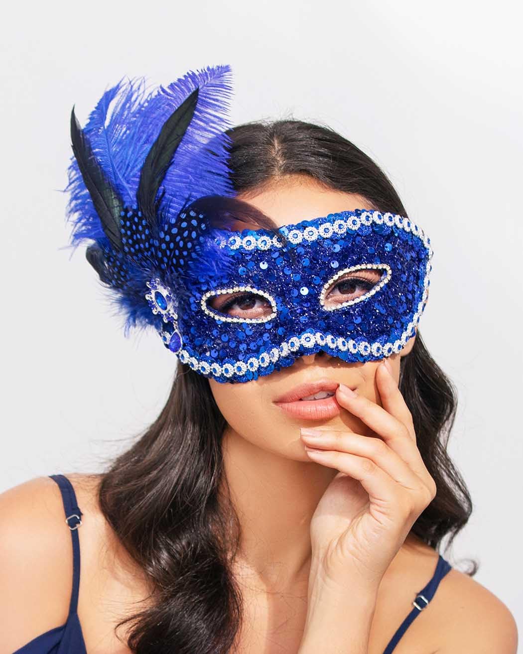 Campsis Masquerade Mask Blue Feather Mask Rhinestone Party Mask Sequins Masquerade Ball Mask Prom Venetian Rave Mardi Gras Decorations for Women