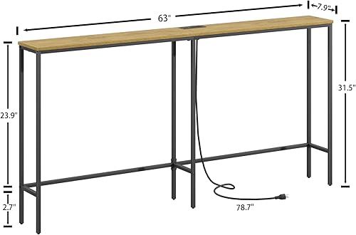 Miniatura 3 de Mesa consola de 63 pulgadas con toma de corriente, moderna mesa de sofá larga estrecha detrás del sofá, mesa de entrada delgada con marco de metal