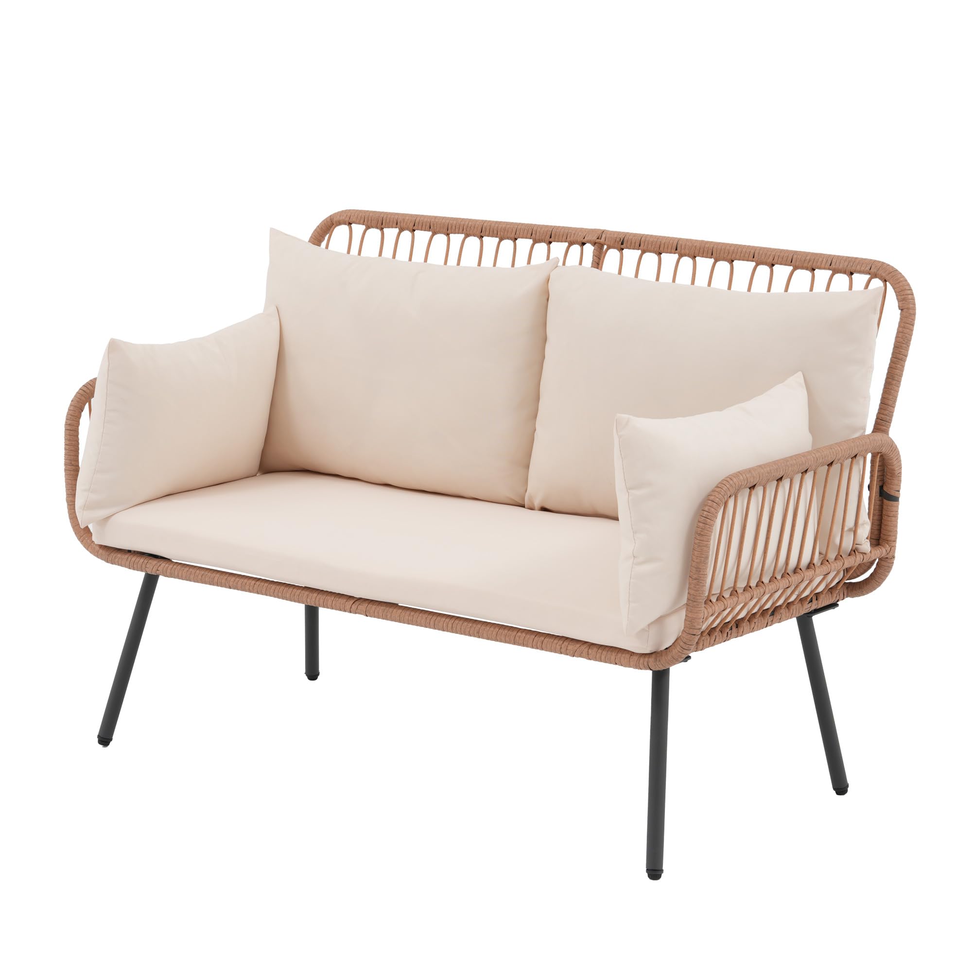 OC Orange-Casual Garten Loveseat, Rattan Gartenmöbel mit Sitzkissen & Rückkissen, Patio Terrasse Sofa für Balkon, Garrten, Schwimmbad,(Natur Rattan & Weiße Kissen)