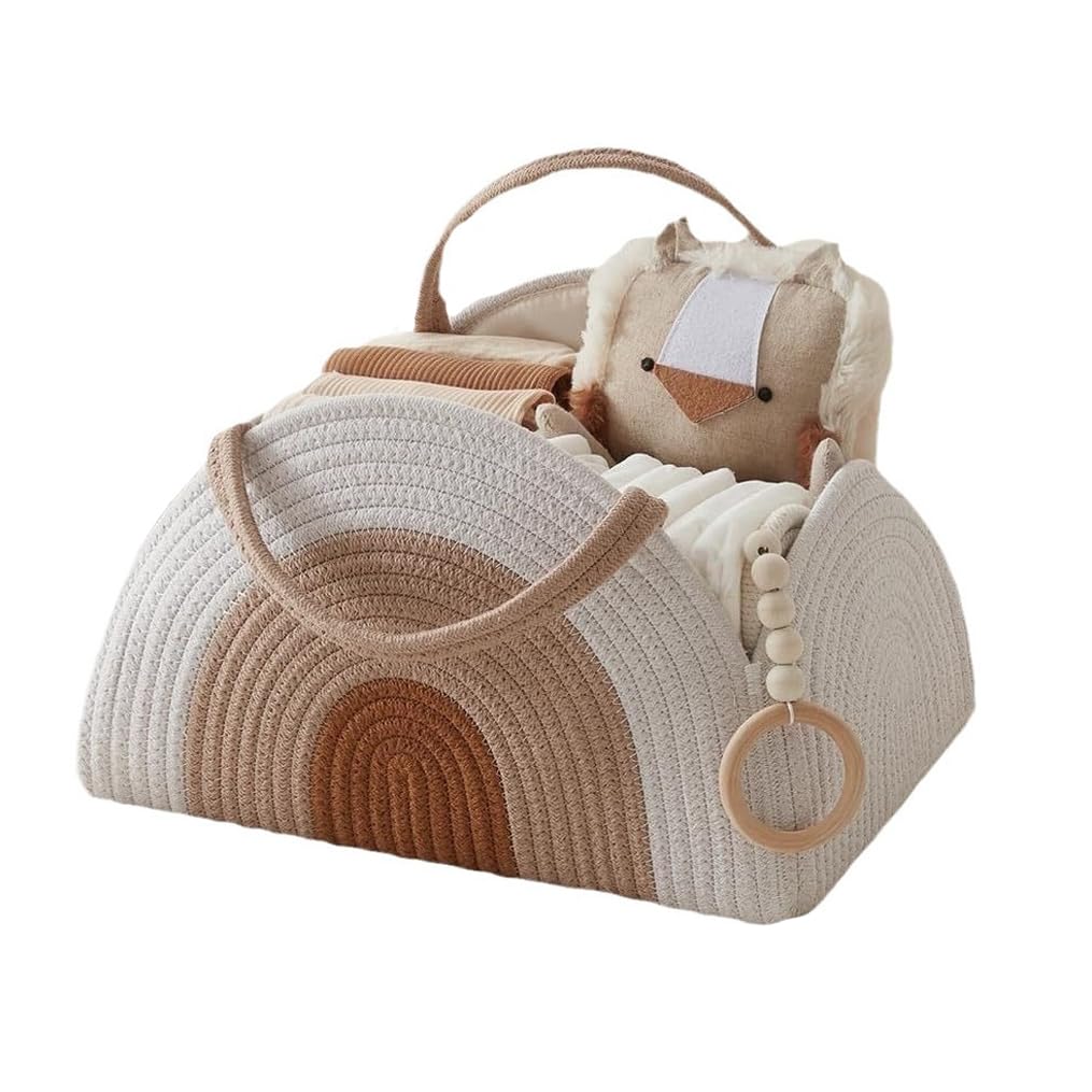 Wickeltasche Organizer, Baby Windel Caddy Korb, Tragbarer Aufbewahrungskorb für den Wickeltisch, Wickelkorb Organizer mit Fächern & Griffen, Baumwollseilkorb für Babyparty Geschenke (Weiß braun)
