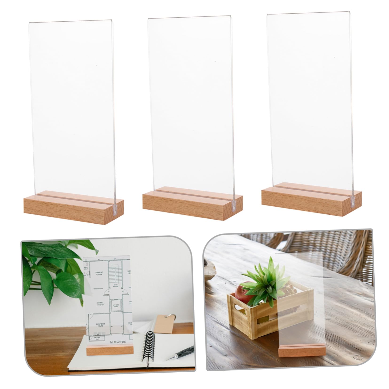DOITOOL 5 piezas Soporte Acrílico Transparente con Base de Madera para Menú Expositor de Mesa Doble Cara Forma T Pack de Unidades para Restaurantes Bodas y Oficinas