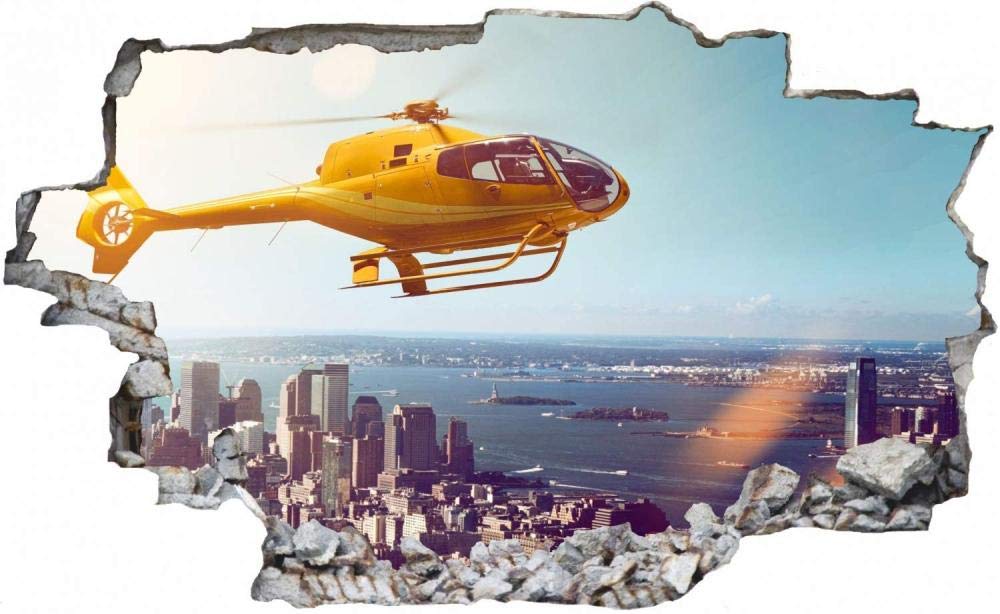 Pegatinas de Pared rotas 3D Helicóptero Skyline calcomanías murales extraíbles decoración de Sala de Arte de Vinilo para Sala de Estar Dormitorio Cocina 80x120cm