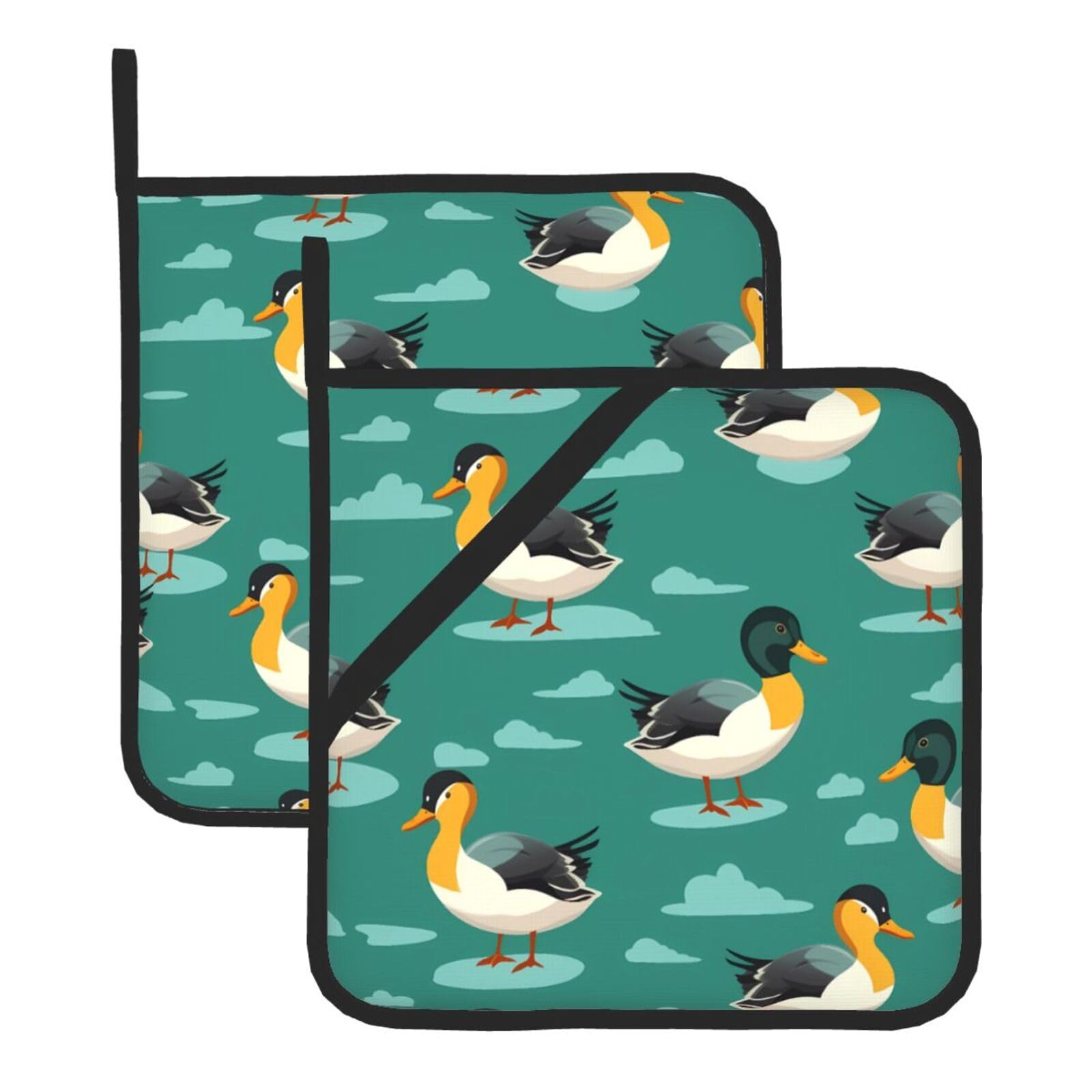 HJFCZH Mallard Duck Printed Square Insulated Pot Mat Set (2-Piece) 8x8in Waterproof, Thickened & Easy to Clean with Lanyard Design for Kitchen, Oven & BBQ