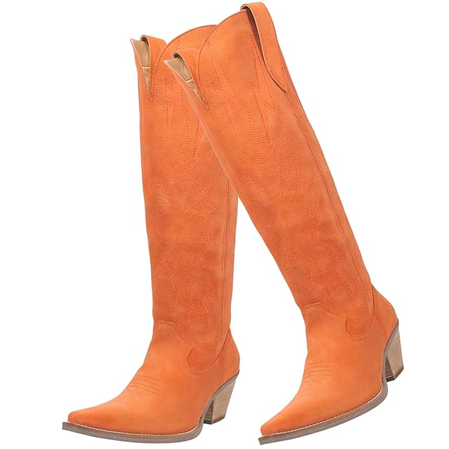 SHODENSE Women Suede Knee High Cowgirl Cowboy Boots Embroidered Stacked Heel Pointed Toe Tall Western Boots Pull On