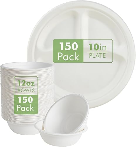 ECOLipak Paquete de 150 cuencos de papel compostables de 12 onzas y 150 platos de 10 pulgadas, 3 compartimentos desechables, platos y cuencos de