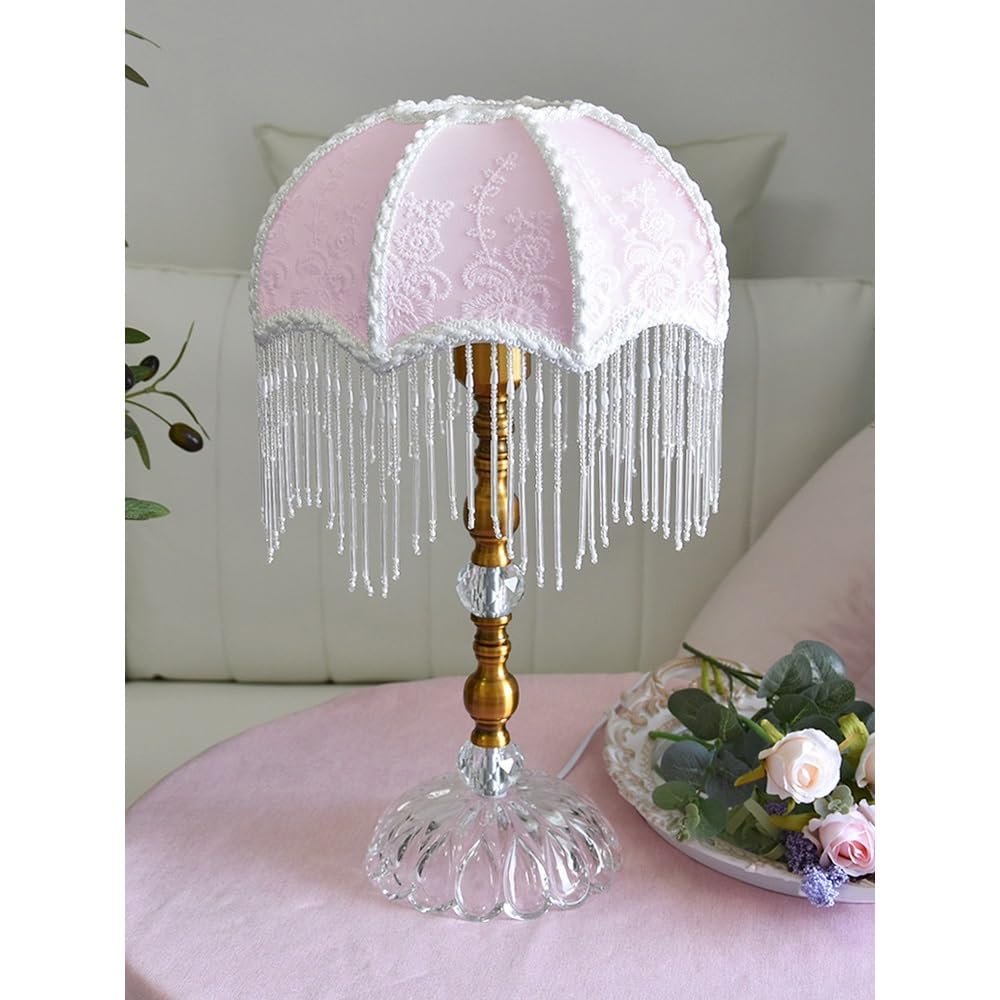 Affascinante Lampada da tavolo, lampada da comodino, lampada da lettura, camera da letto, soggiorno, paralume in pizzo vintage in vetro trasparente, stile rustico Arredamento per la casa(Bianco)