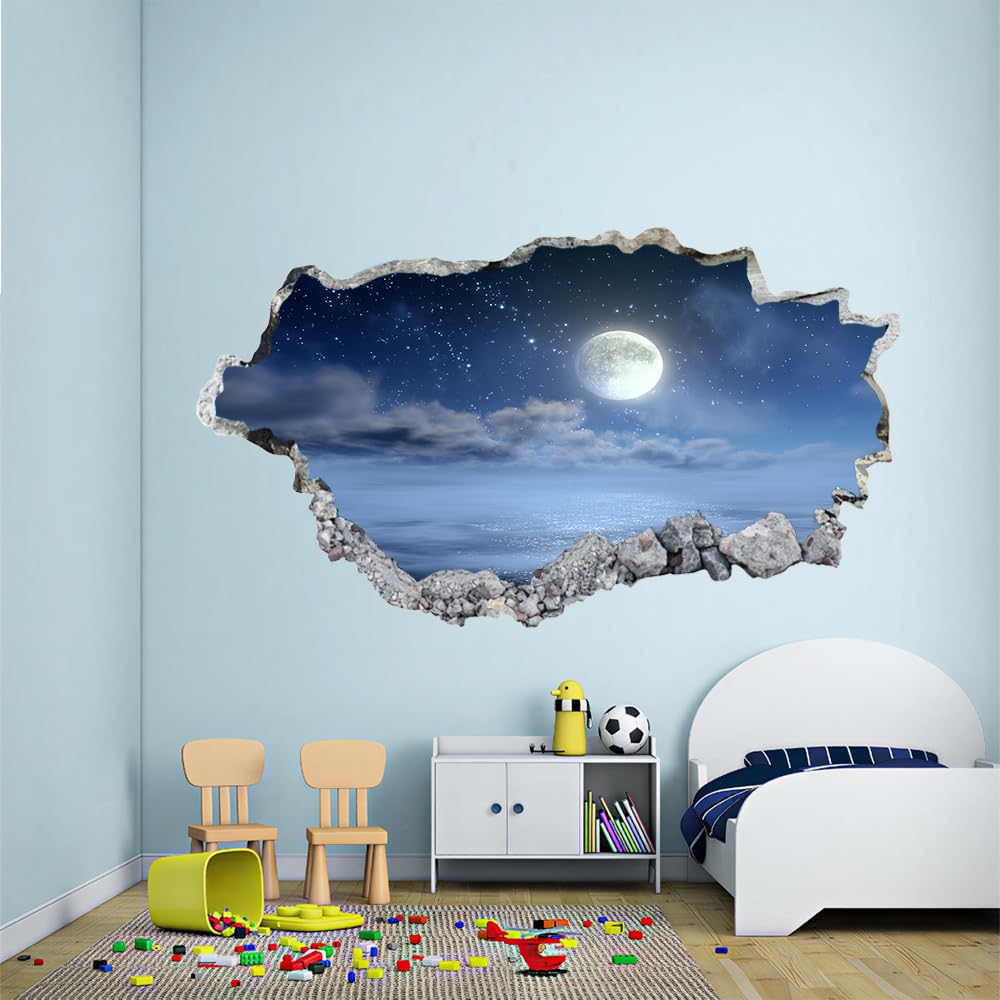 Pegatinas de decoración de pared 3D Nube De Luna Pegatinas De Pared Calcomanías Murales De Pared Rotas 3D Paisaje Natural Vinilo De Pared Arte Hogar Decoración De Pared 112x75cm