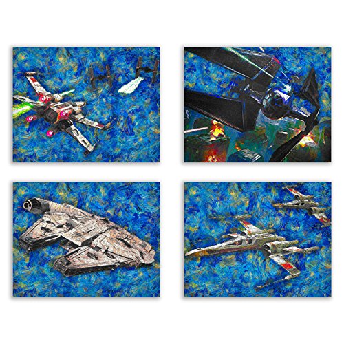 Star Wars Starry Night New Art Prints - Millennium Falcon, Imperial TIE Fighter, Rebel X-Wing Starfighter Battle - Classic Legacy Starship Vehicles Deluxe Poster Collection - Set of 4 11x14 Photos