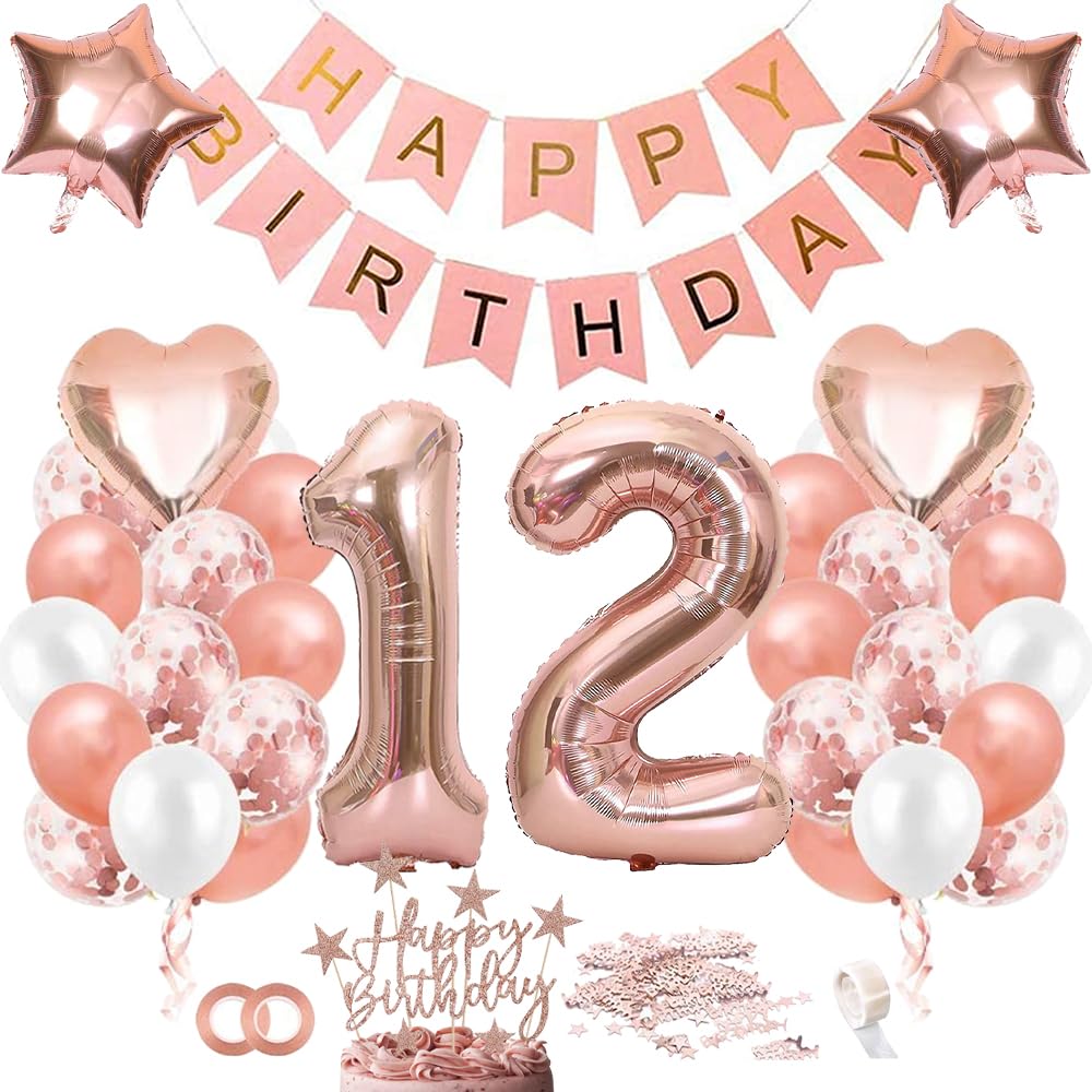 TOPHOPE Luftballon 12. Geburtstag Roségold Folienballon Luftballon Zahlen Geburtstagsdeko 12 Jahr Riesen Folienballon Zahl 12 Ballon 12 Deko zum Geburtstag Roségold Happy Birthday