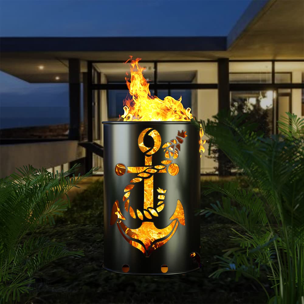 Feuertonne mit Anker 1 Motiv - Gefertigt aus neuem Ölfass - Besondere Feuerstelle für Garten und Terrasse - Hohe Feuerschale mit Rostoptik - 90 x 60 cm