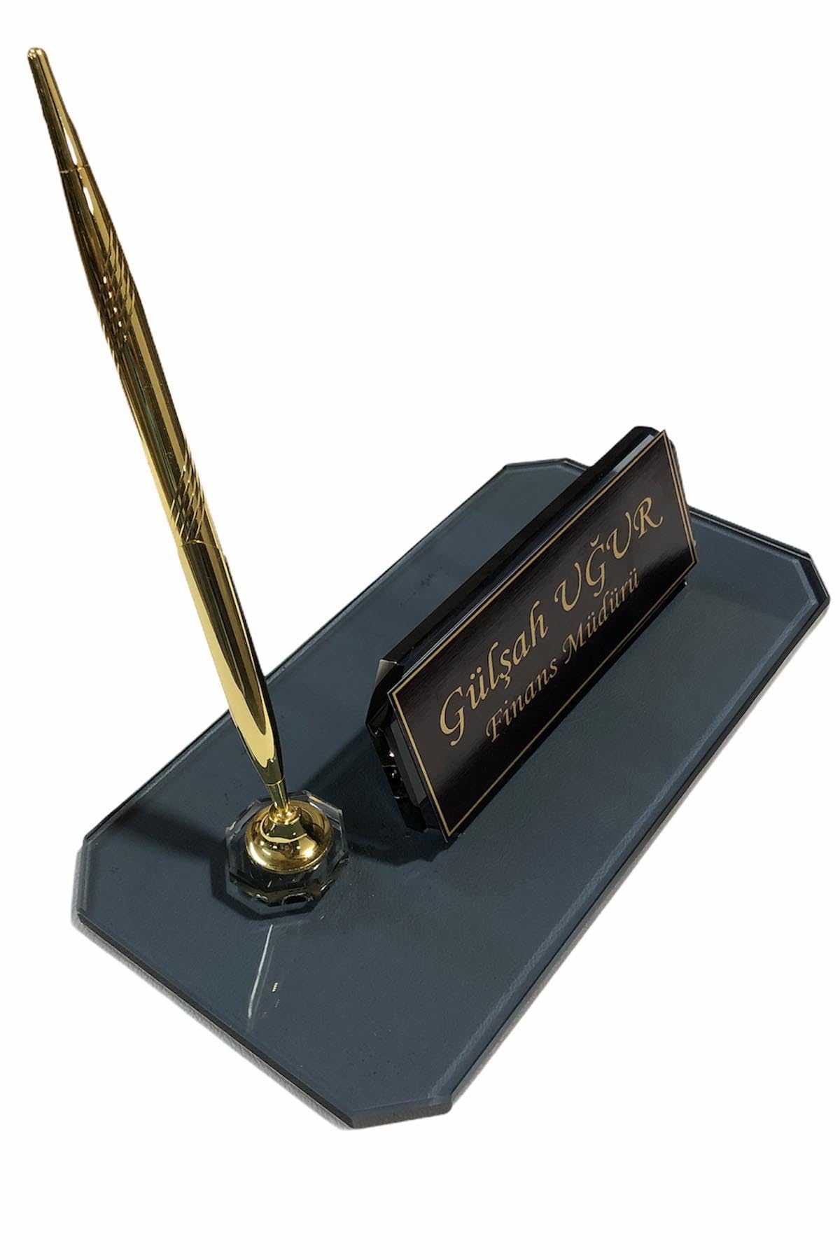MOOGCO Placa de nombre de escritorio personalizada: placa de nombre de escritorio de vidrio negro con reloj, soporte para bolígrafos con 2 bolígrafos, tarjetero (Negro individual pequeño)