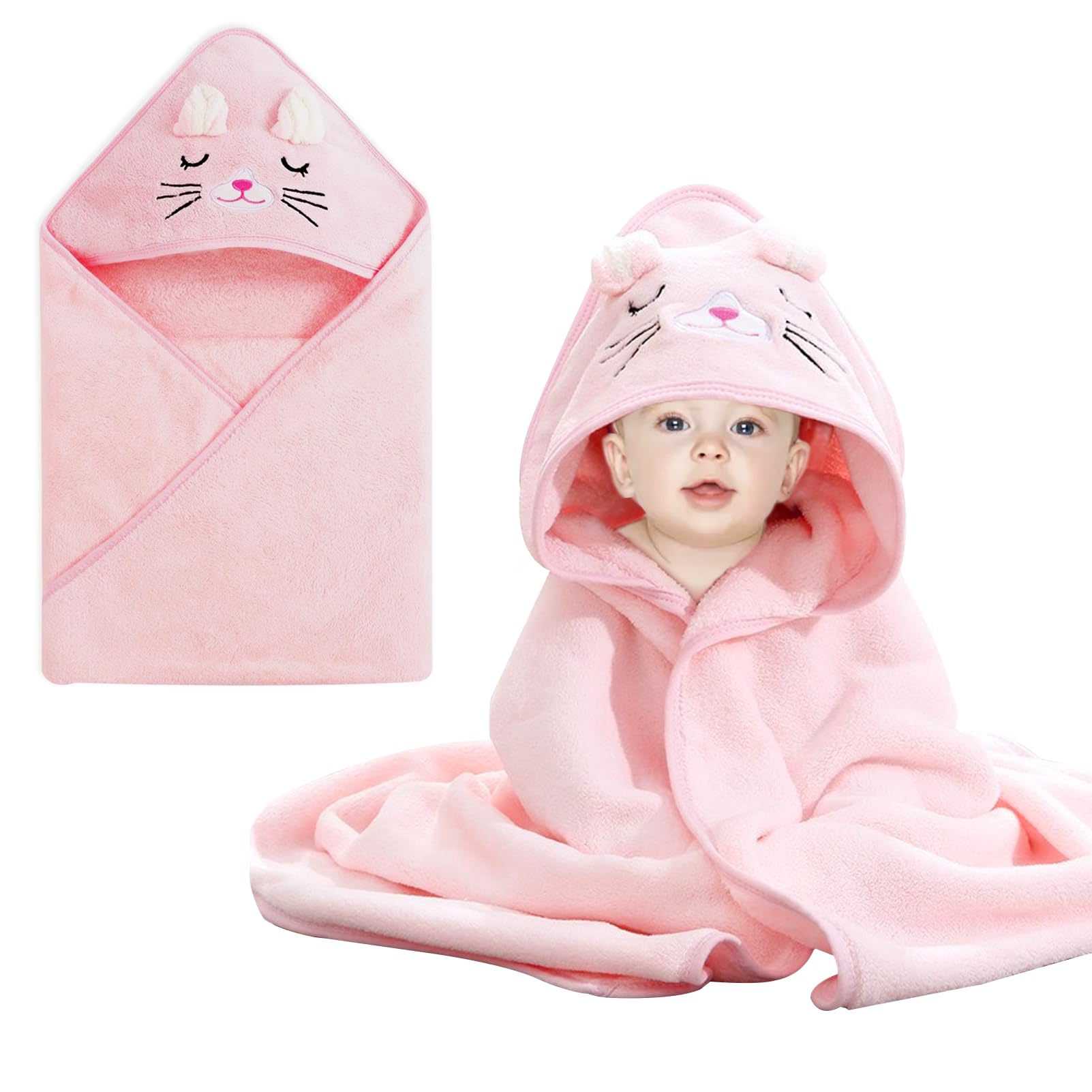 YJSDDNTY Kapuzenhandtuch Baby 80x80 cm Babyhandtuch Kapuzenhandtuch für zarte Babyhaut- Weiches Handtuch mit süßer Tier Kapuze in Pink Kitten Design für Neugeborene Babys