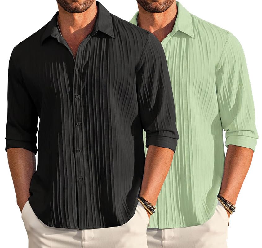 Image of DEELMO Combo of Men's Casual Button Down Shirts Long Sleeve Linen Shirt Fashion Textured Summer Shirts Pack of 2
