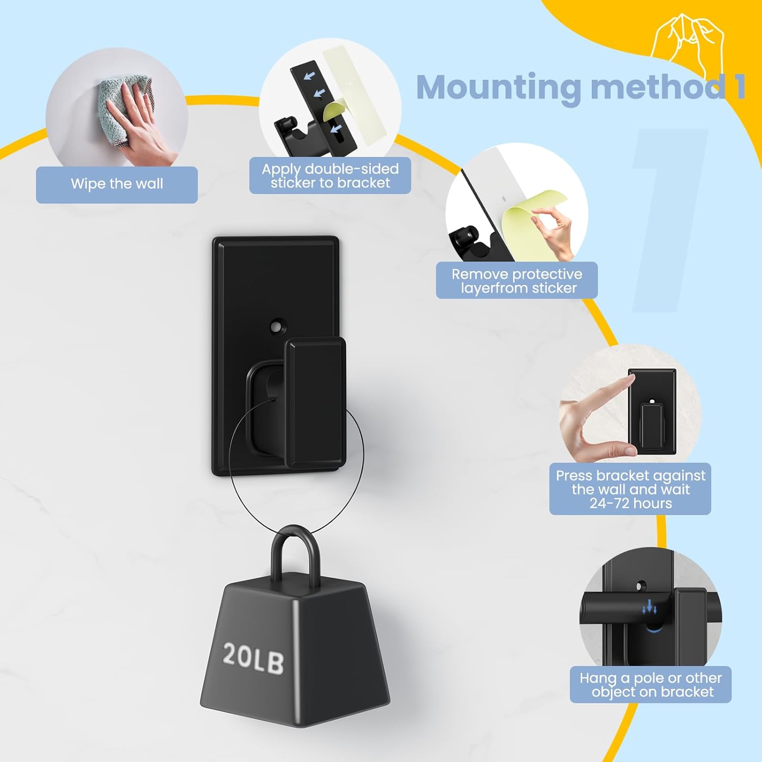 TKZTKZ No Drill Curtain Rod Brackets:Self Adhesive Curtain Rod Holders for Rod 5/8" No Screw,Heavy Duty Easy Curtain Rod Bracket No Drilling,No Damage Wall Renter Friendly Curtain Rod Hooks Black,6PCS