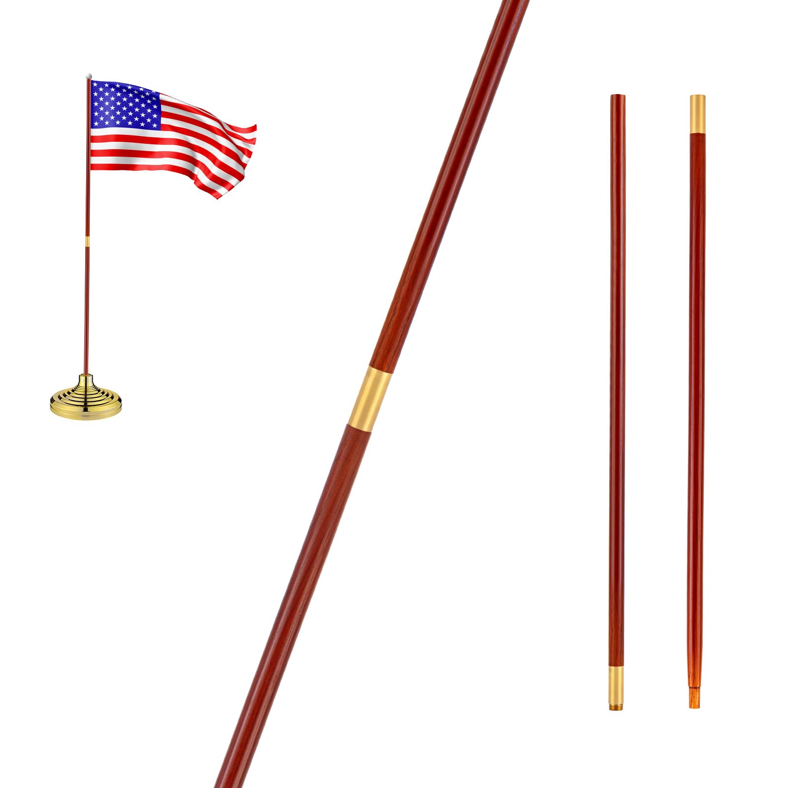 landical 1 pcs indoor or parade flagpole solid wooden flag pole brass screw joint indoor flag pole, brown and gold (8 ft)