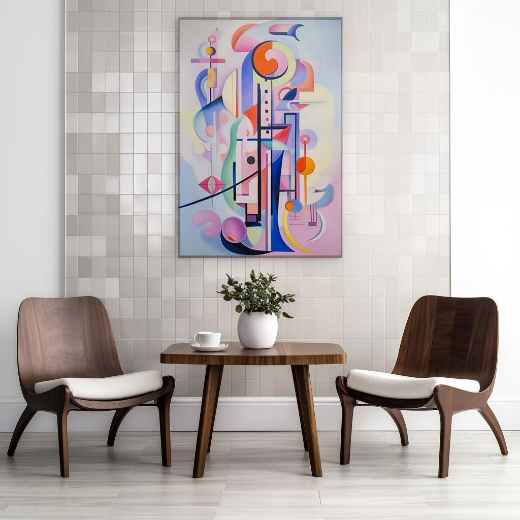 Canvas for Living Room. Whimsical Urban Dreamscape in Pastel Geometrics, 27 x 18 inch Canvas Wall Art - Ready to Hang