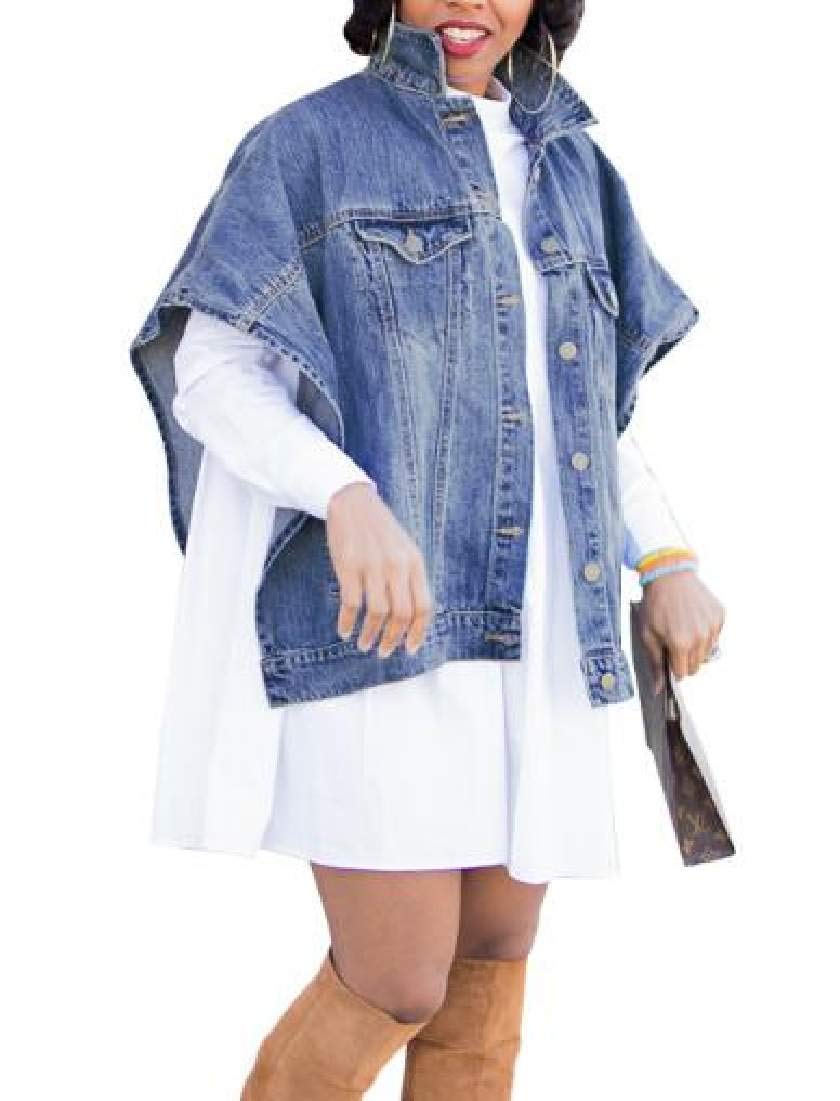 Jean Coat Poncho Cape Pockets Button Up Loose Denim Jacket Blue US XS
