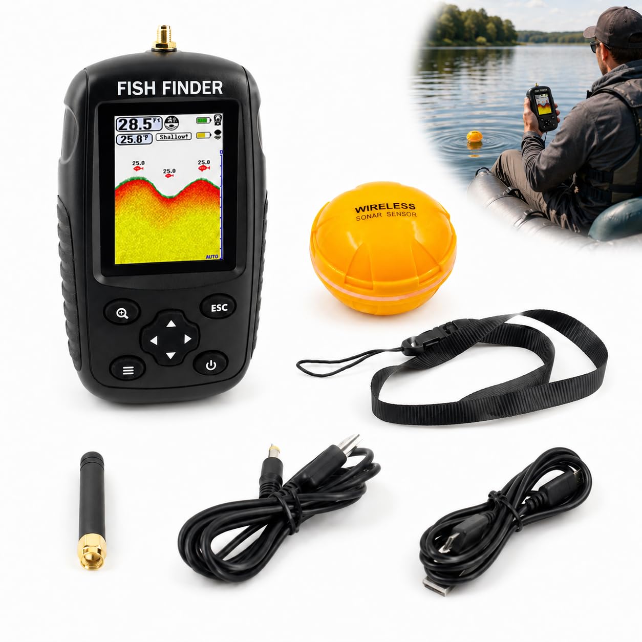 Localizador de Peces portátil de Mano Sensor de Sonar inalámbrico Localizador de Profundidad para entusiastas de la Pesca