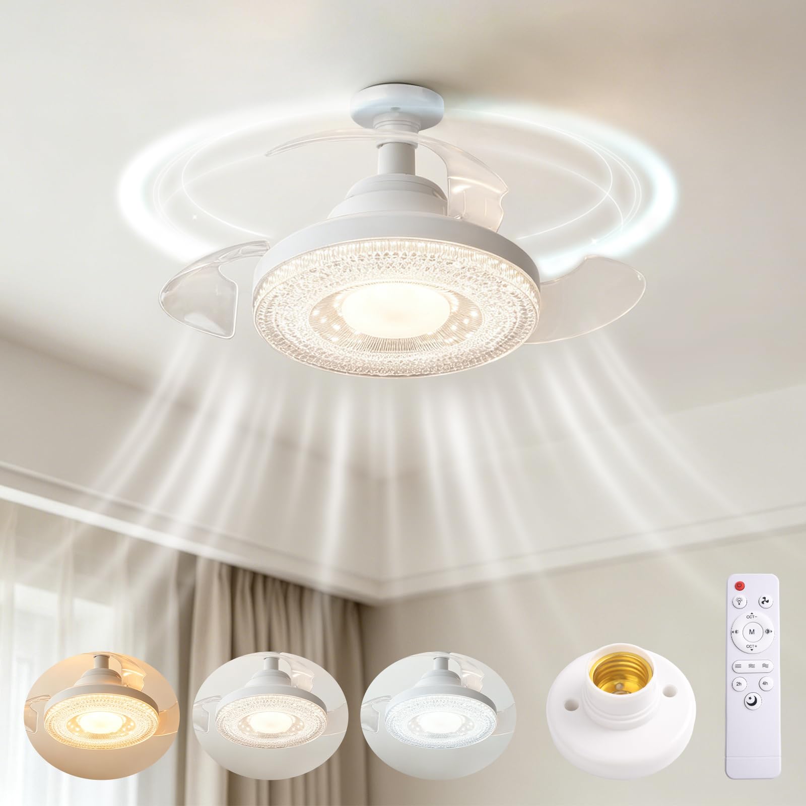 Ceiling Fan with Light, 40 cm Small Lamp Ceiling Fan, Hidden Handles, 4 Speeds, E27, Quiet, Dimming Dimming, Fan for Indoor Bedroom Salt (A)