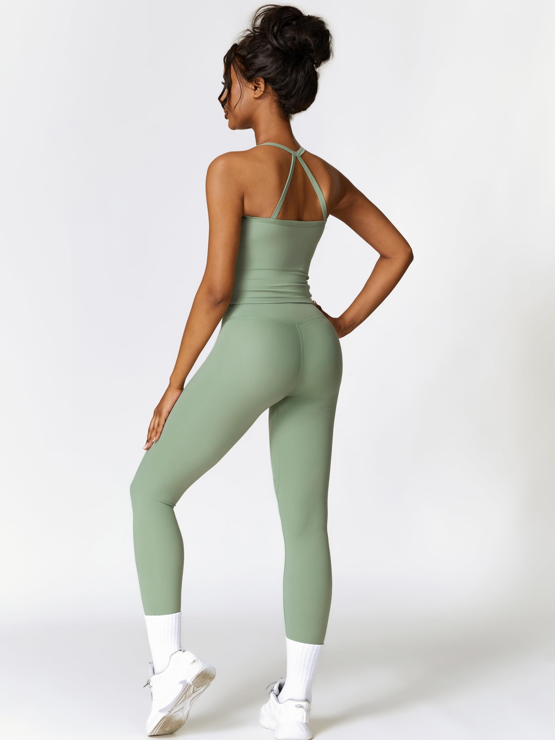 Odizli Set sportivo da donna, senza maniche, con reggiseno + leggings a vita alta, palestra, allenamento, yoga, fitness