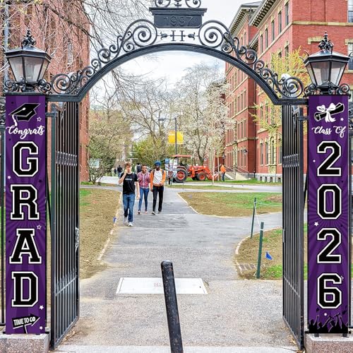 Image of Graduation Banner 2026 Graduation Decorations Purple and Black Grad Banner Porch Sign Class of 2026 Door Decor Congrats Hanging Backdrop Purple Grad Party Decor for School Congratulations Supplies