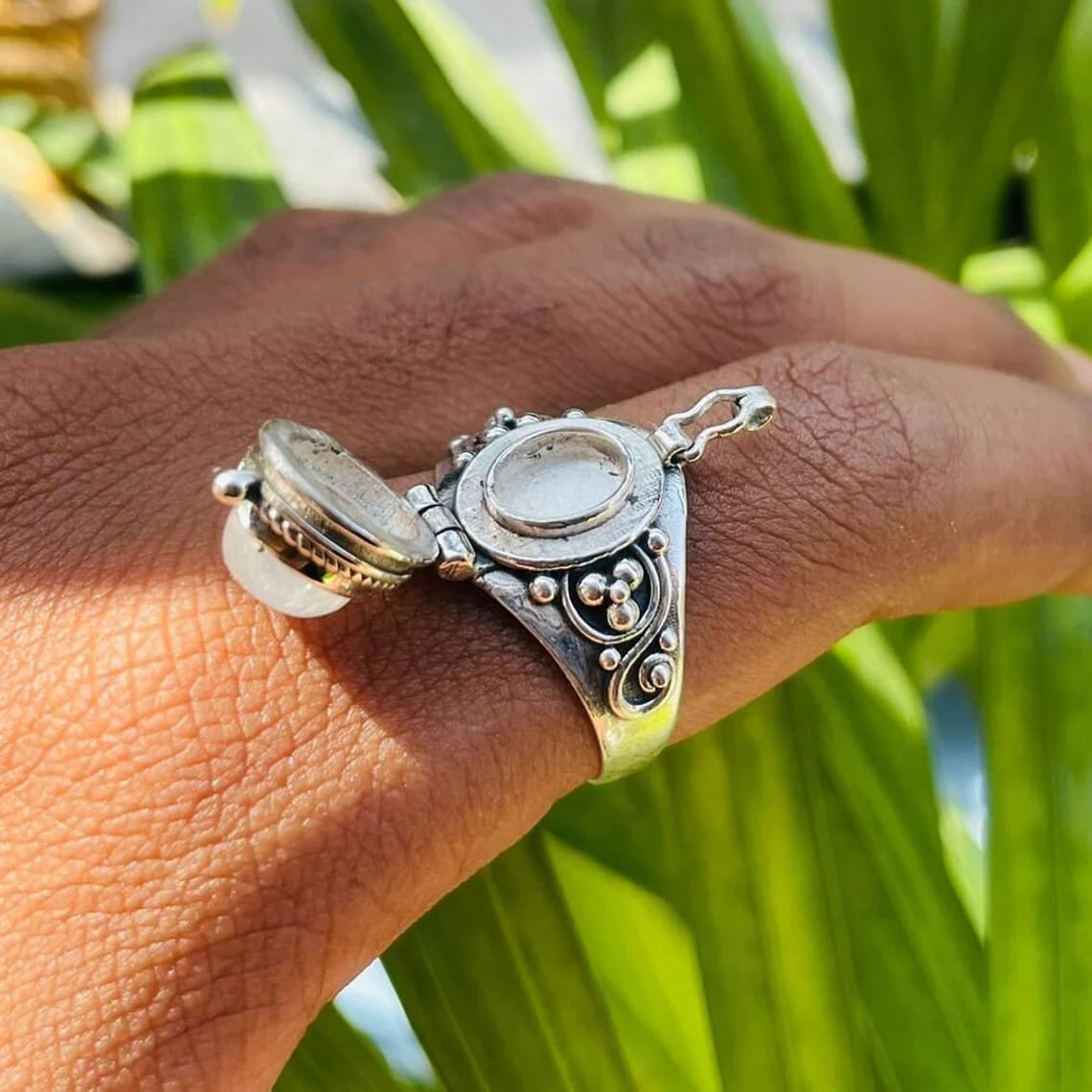 925 Sterling Silver Natural Moonstone Poison Ring for Women - Unique Mother's Day Gift, Vintage Inspired Openable Locket Jewelry, Handmade Elegant Secret Compartment Statement Piece