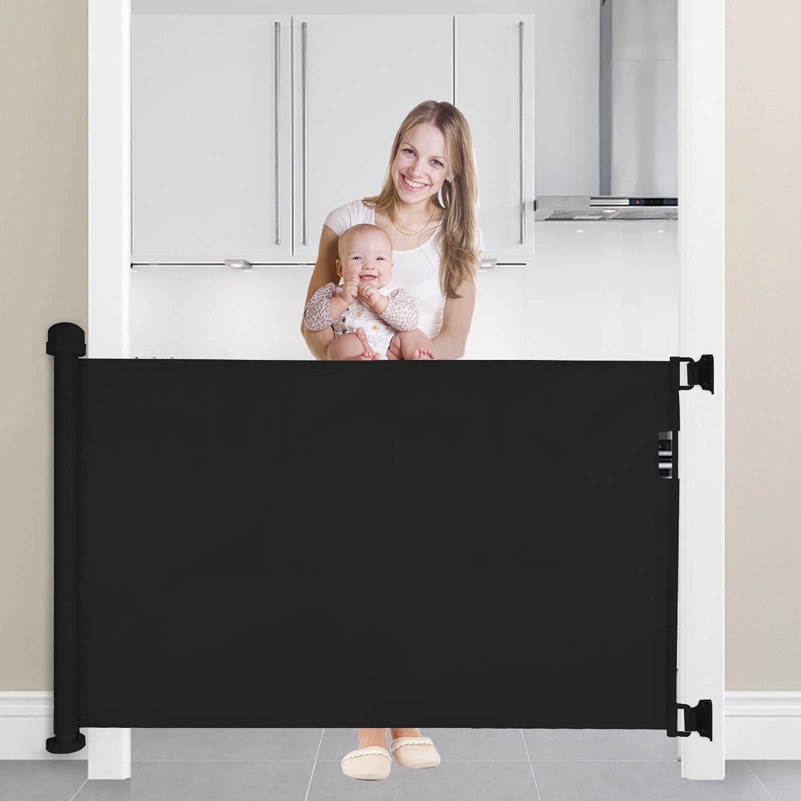 Retractable Baby Gate Mesh Safety Kids or Pets Gate, 33" Tall, Extends to 55” Wide, Pet Dog Gate for doorways, Stairs, Hallways, Indoor, Outdoor (Black)