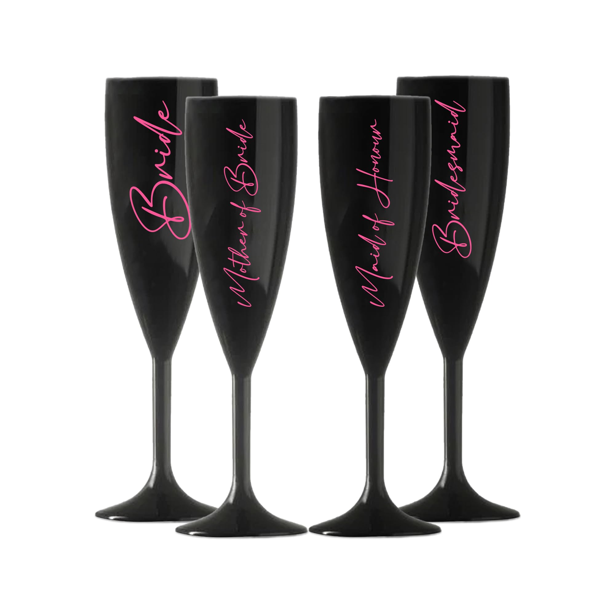Print Maniacs Champagne Premium Black Flute Glass Bride Groom Mr Mrs Wedding Maid Honour Wine Cocktail Prosecco Celebrations Gift (Baby Pink, Set of 4 Brides Set)
