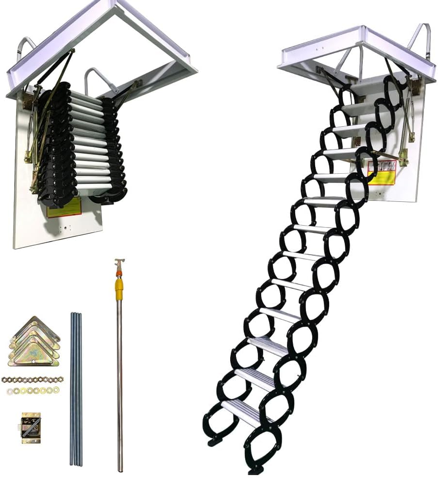 Attic Pull Down Ceiling Ladder Stairs, 13 Steps Folding Loft Stairs, Retractable Attic Extension Loft Ladder, 27.56 x 35.43in Open Size, 10.5 ft Height, Al-Mg, Black and White