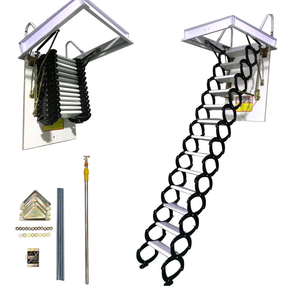 Attic Pull Down Ceiling Ladder Stairs, 13 Steps Folding Loft Stairs, Retractable Attic Extension Loft Ladder, 27.56 x 35.43in Open Size, 10.5 ft Height, Al-Mg, Black and White