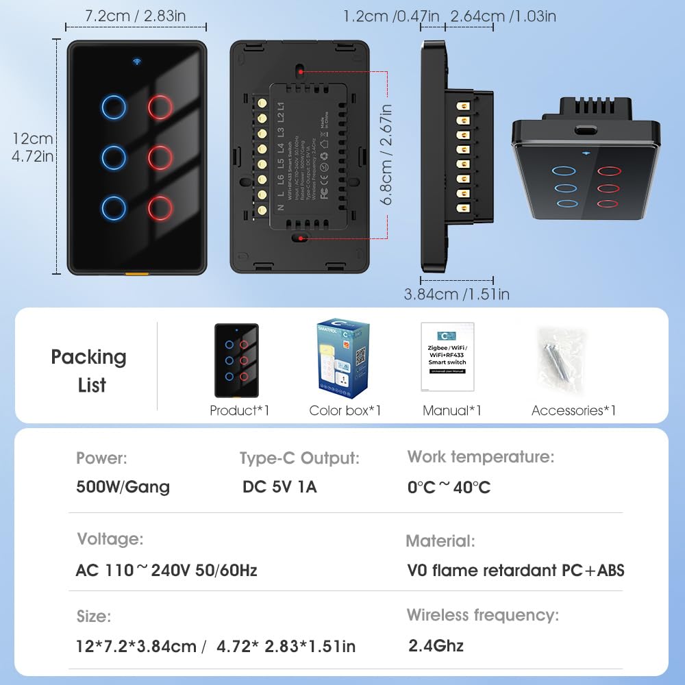 Packing list and product dimensions