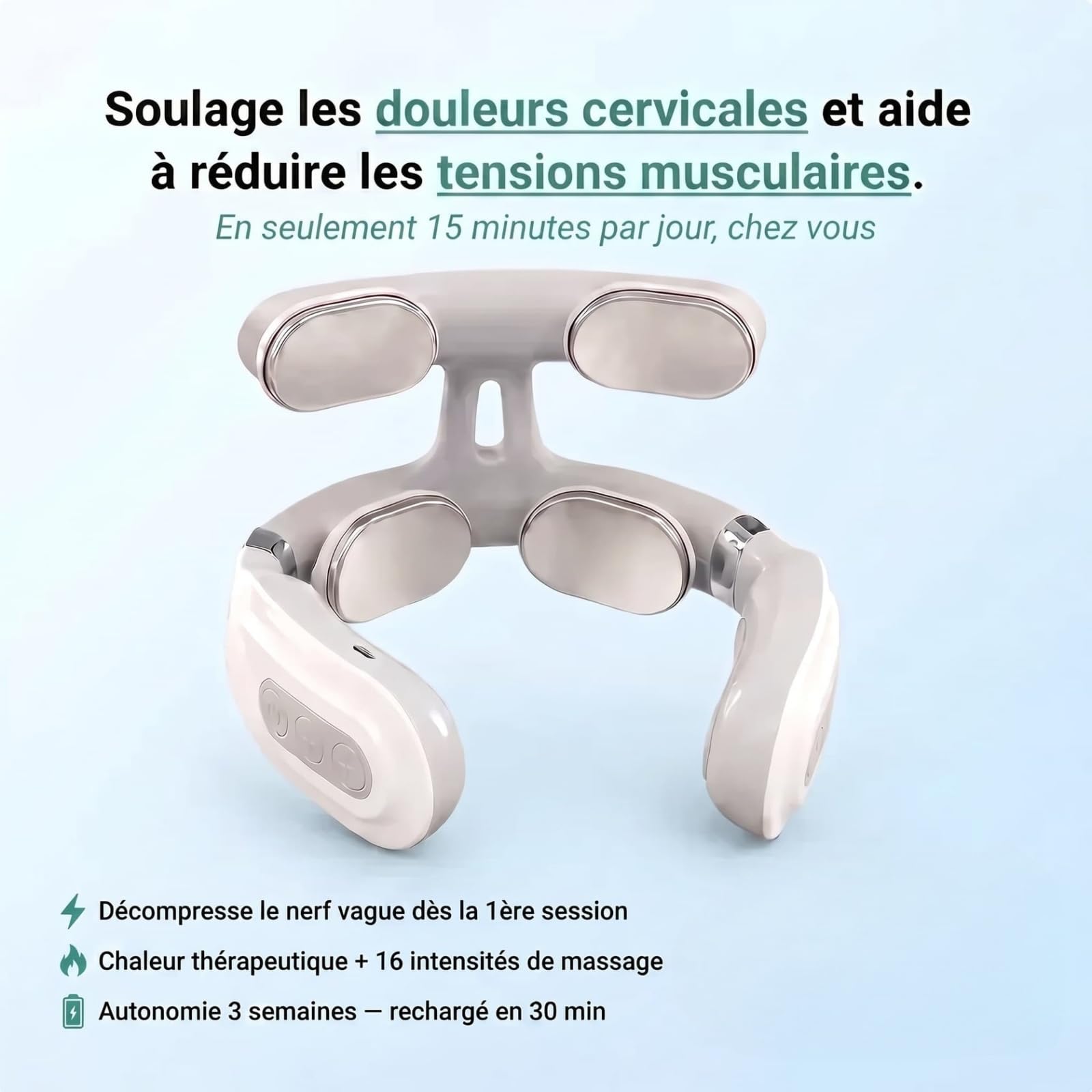 Kalivea Cervicalm,Masseur Électrique de Cou Sans Fil,6 Modes de Massage Chauffant,16 Intensités Ajustables,Masseur Portable Ergonomique pour Relaxation Cou et Épaules