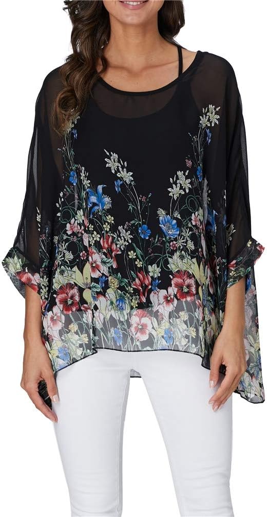 Nicetage Boho Top Sheer Dressy Blouse Chiffon Blouses for Women Sheer Poncho Flowy Batwing Tops Cruise Wear - Image 2