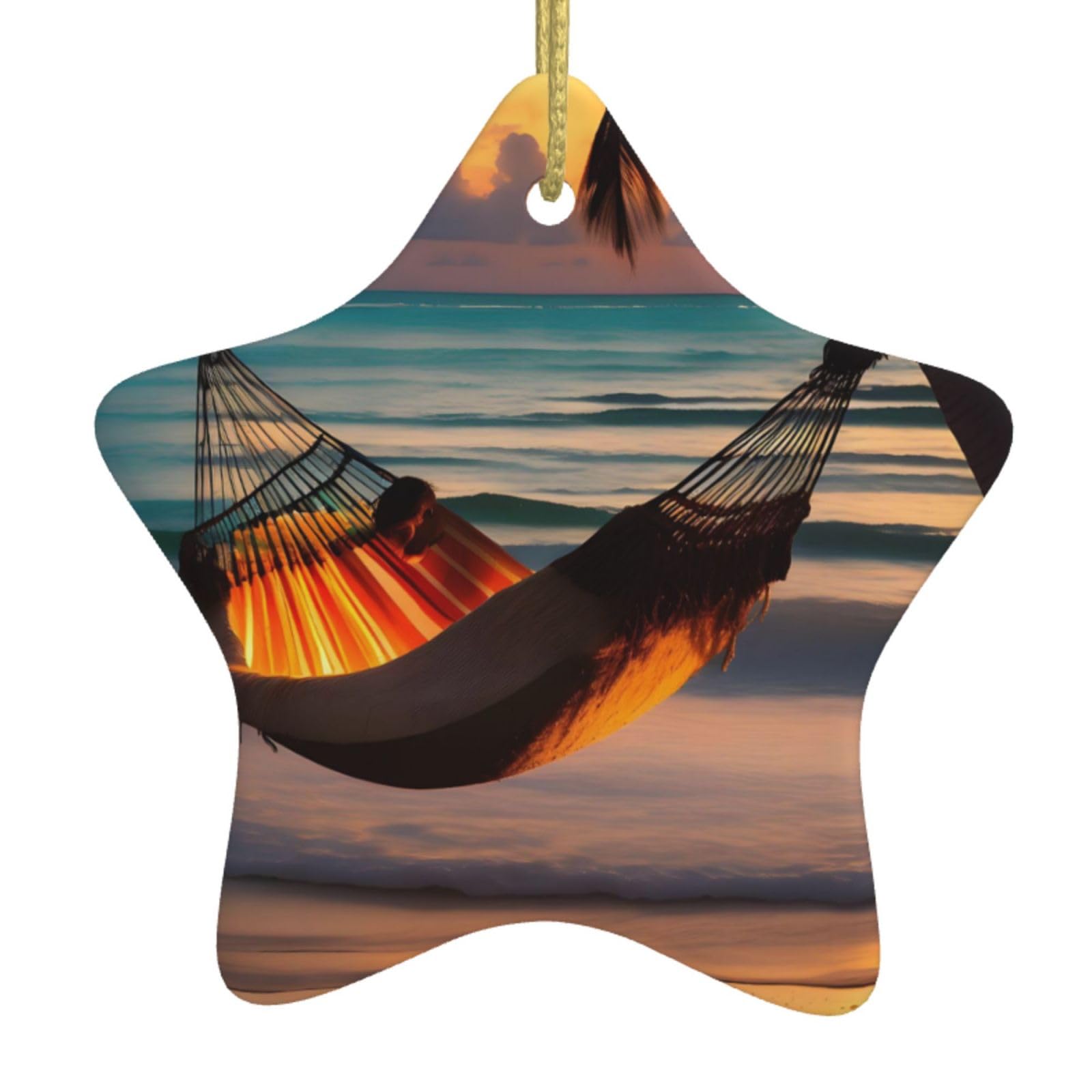 Sunset Beach Hammock Christmas Ceramic Star Pendant with Punched Holes and Gold Wire Rope, Christmas Tree Home Decoration