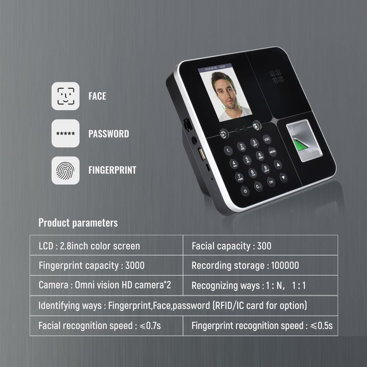 Macchina elettronica for la presenza di impronte digitali con password facciale trasmissione vocale biometrica for il check-in dei dipendenti schermo da 2,8 pollici,Alta Precisione