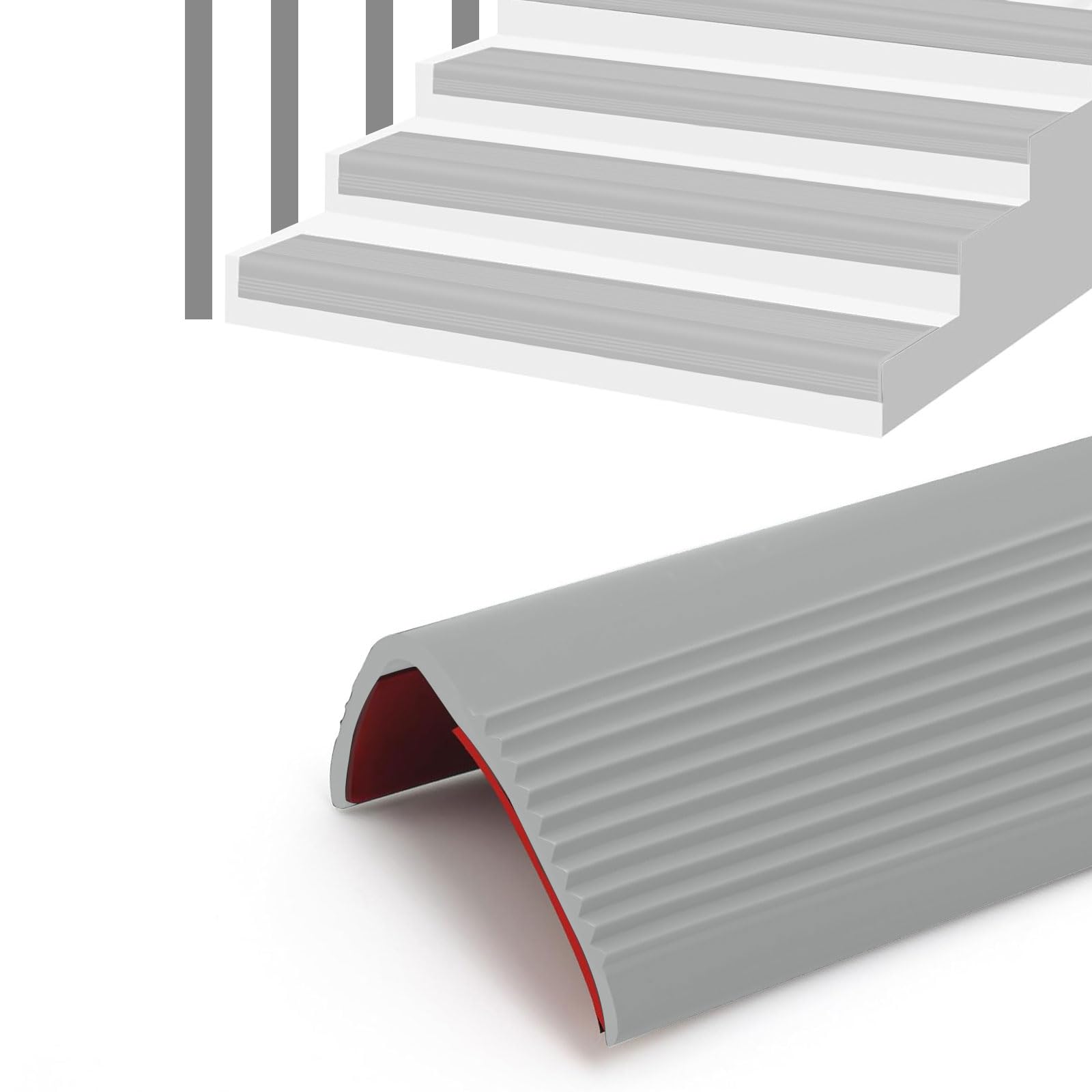 5 Meter Stair Anti Slip Nosing, Self-Adhesive Vinyl Edge Trim Protector, Flexible PVC Rubber Edge Trim for Stairs & Flooring, Waterproof & Wear-Resistant (25mm Width, Grey)