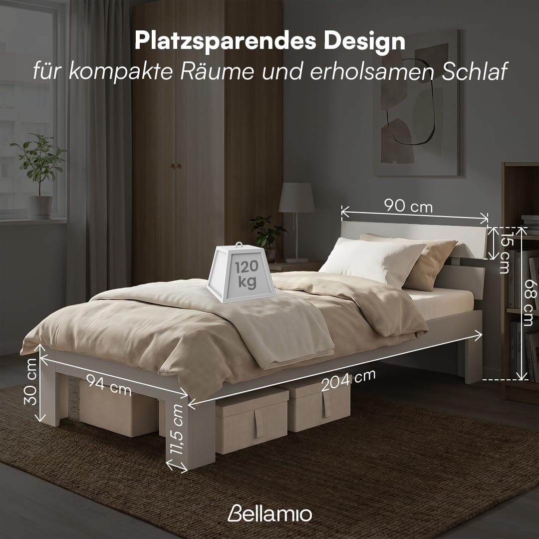 Bellamio Kavir Holzbett 90x200 cm – Massivholzbett mit Lattenrost – Bett aus Kiefer Massivholz in grau lackiert – Bettgestell mit Bettkopf – Stabiler Bettrahmen bis 120 kg – geeignet als Einzelbett