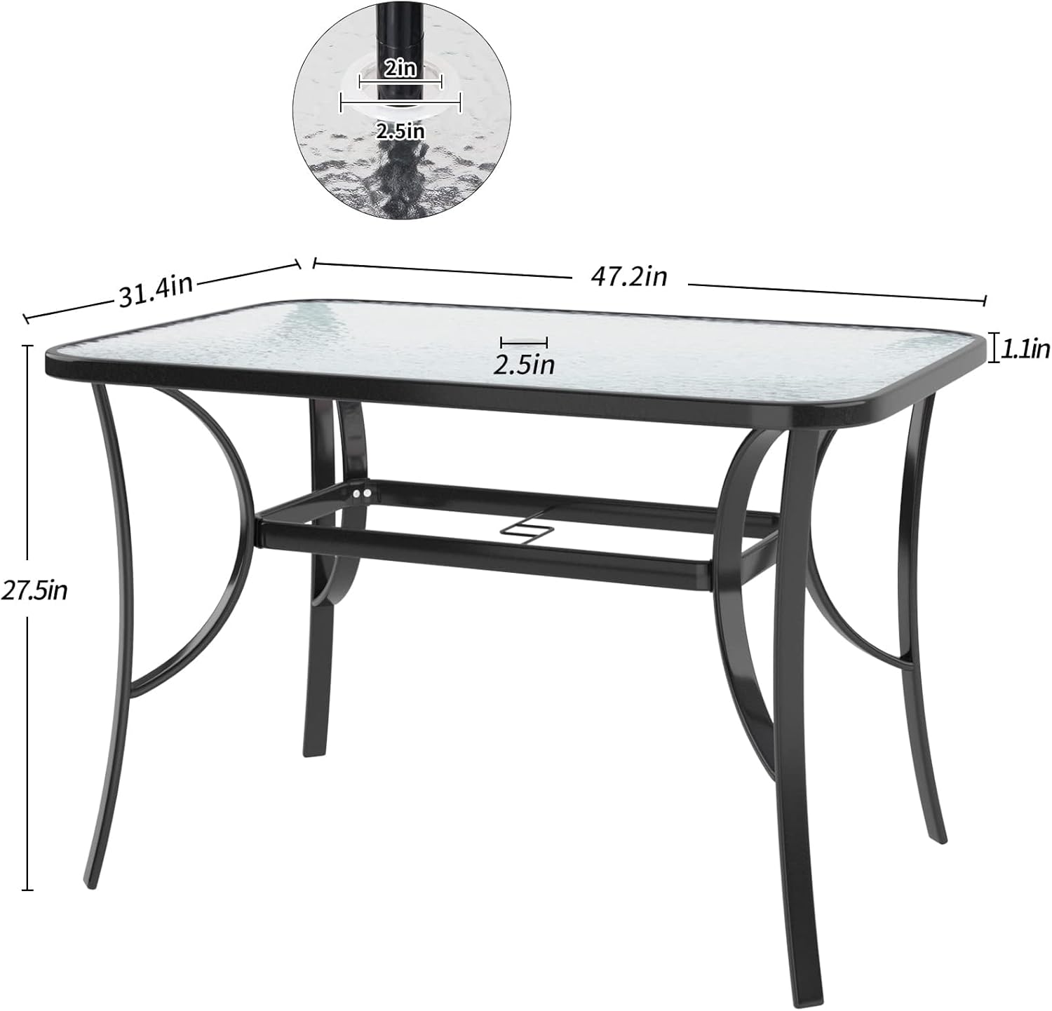 SDHYL 47 Inch Rectangle Tempered Glass Patio Dining Table Patio Table Coffee Table Dining Bistro Table, for Outdoor Garden Balcony Backyard Poolside Lawn, with Umbrella Hole, Black