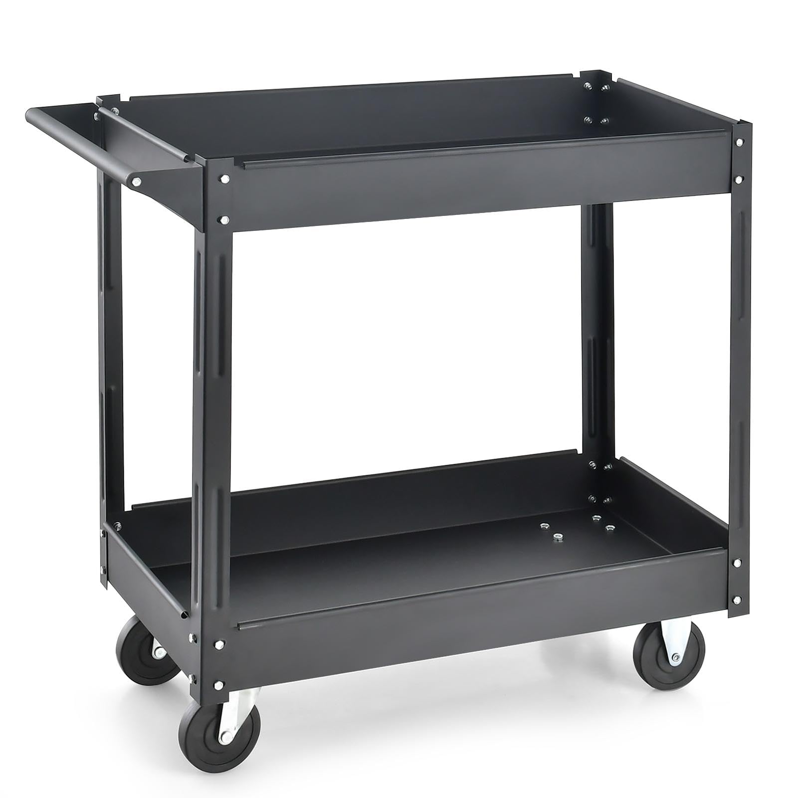 GOPLUS Chariot à Outils à 2 Niveaux, Chariot de Rangement en Métal Robuste avec 4 Roues Lisses, Chariot de Service avec Poignée Conviviale, pour Garage, Atelier, Entrepôt, Cuisine (Noir)