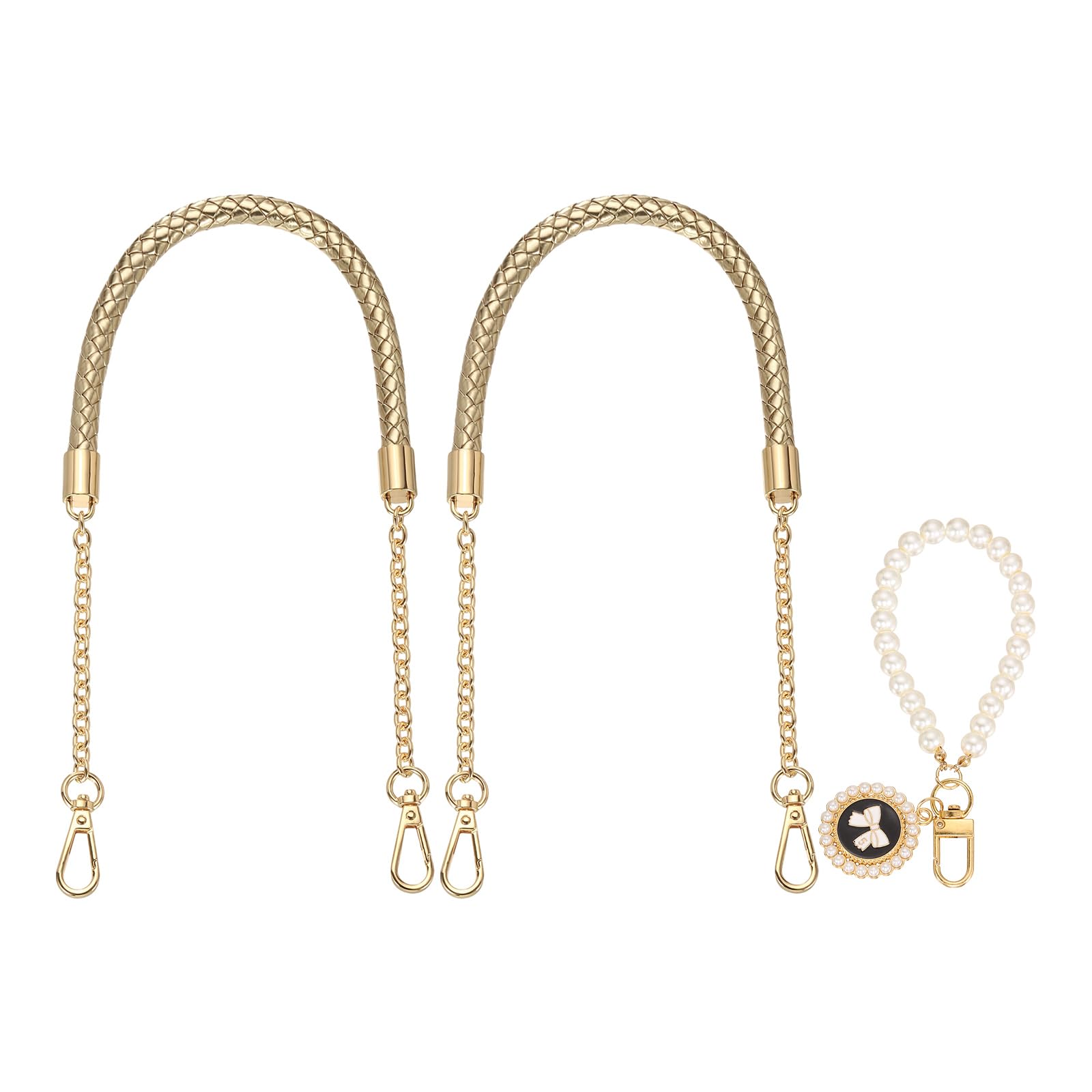 sourcing map 2 Pcs PU Leather Chain Purse Strap, 23.6 Inch Braided Purse Handles Replacement Strap with Pearl Pendant for Tote Bag Handbag Underarm Bag (Light Gold, Light Gold Chain)