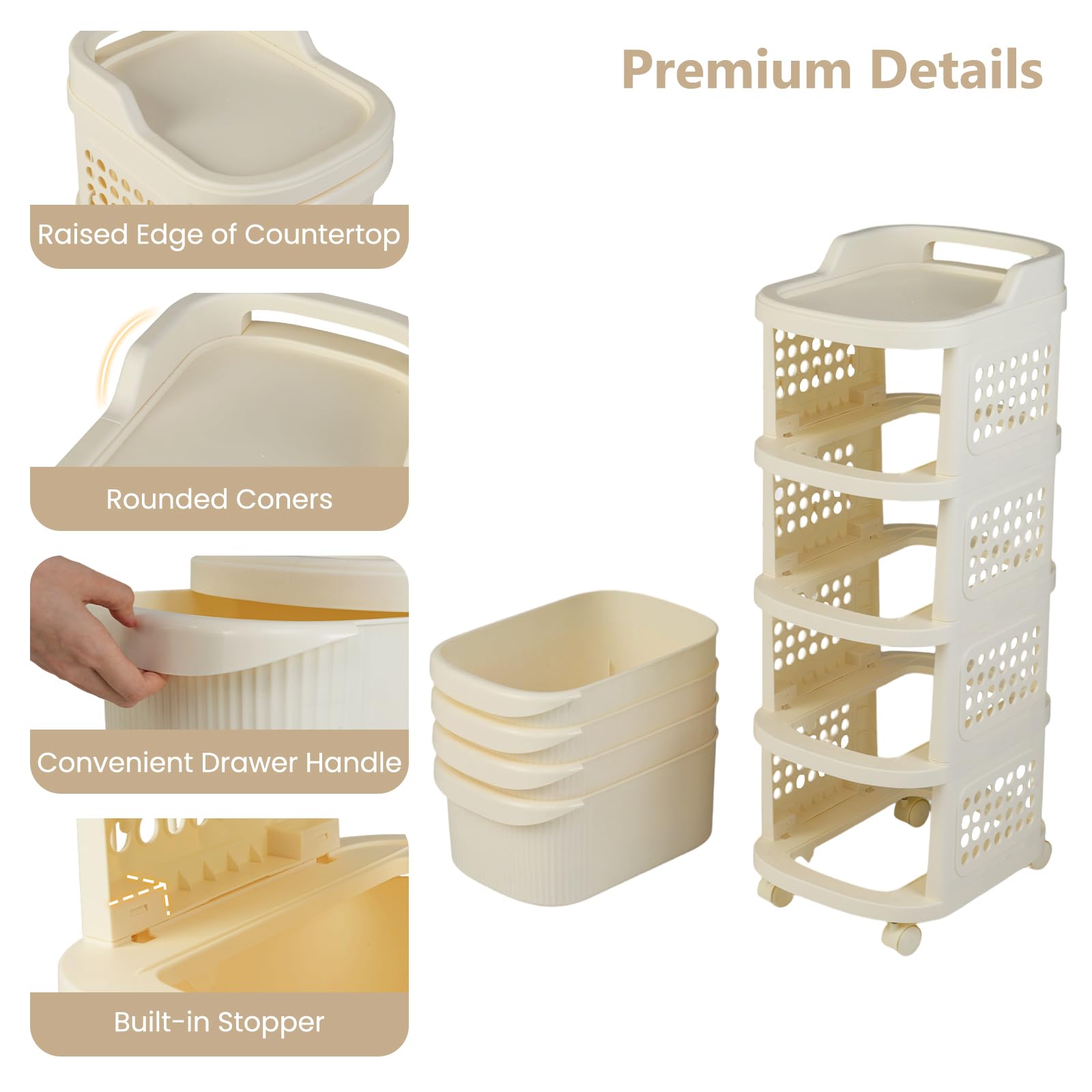 HOMASIS Carrello con 3/4 Cassetti, Pannello Forato, Maniglia e 6 Ganci, Carrello Portaoggetti con Ruote, Organizer Multiuso, Cassettiera Plastica da Cucina, Bagno, Ufficio, Beige (38 x 32 x 86 cm)