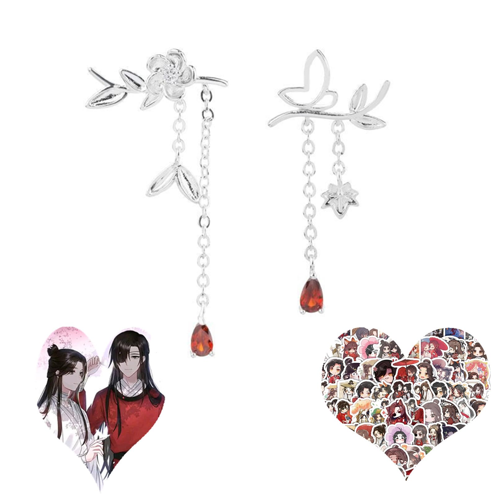 JinYu Flower Dangle Earrings Heaven's Official Blessing Anime Hua Cheng Xie Lian Earrings and 10 Stickers