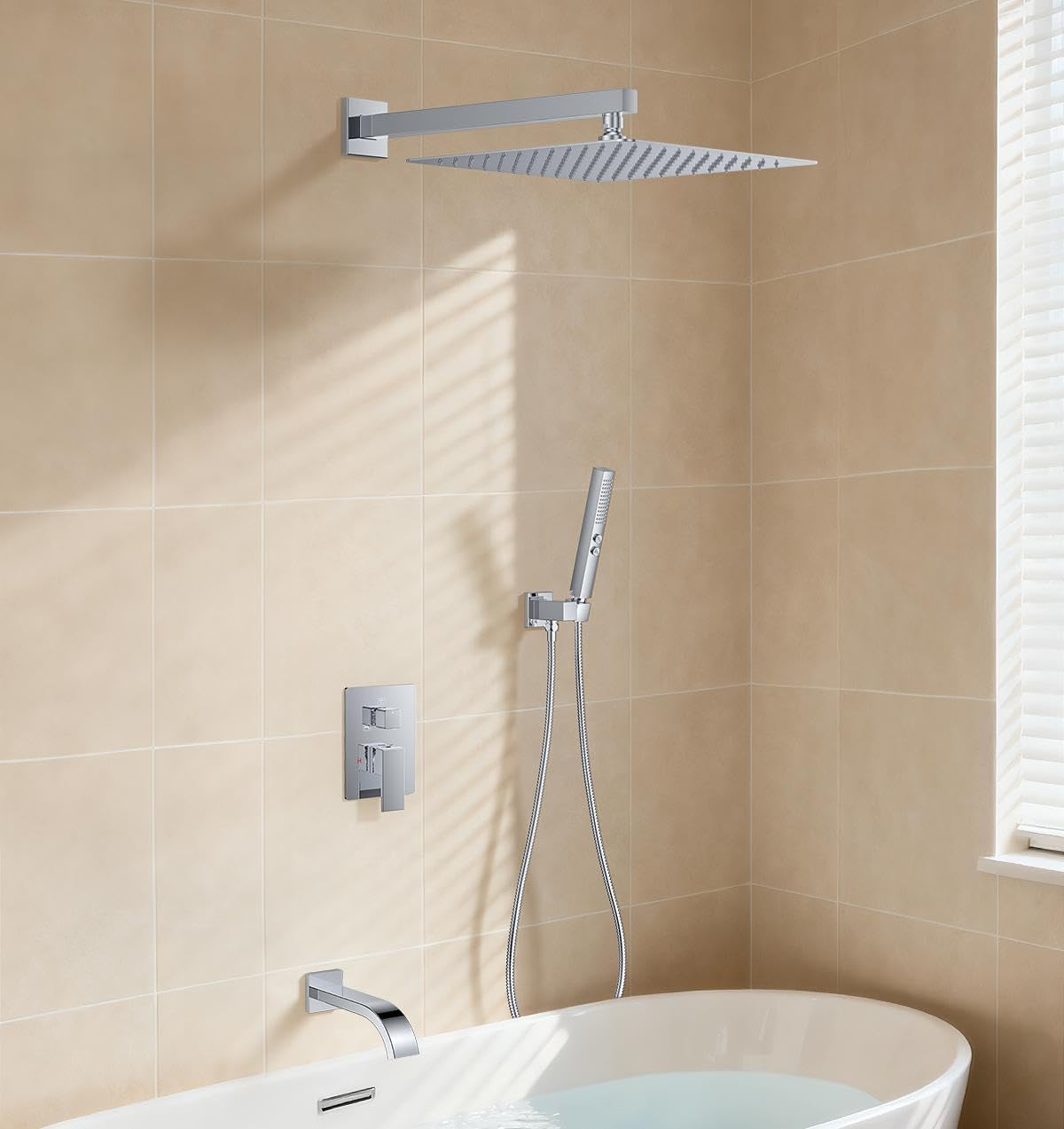 Chrome Shower System with Tub Spout, Wall Mounted Bathtub Shower Faucet Set, 12" Rainfall Shower Head and Handheld Shower Combo, High Pressure Shower Fixtures Set with Rough-in Valve