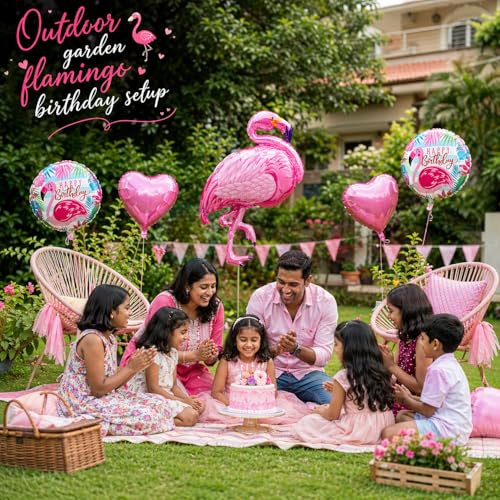 Image of Propsicle Flamingo Theme Foil Balloons Set Pack of 5 Pink Flamingo Heart Balloons Happy Birthday Round Balloon Tropical Decoration for Kids Birthday Pool Beach Theme Setup Supports Helium Air