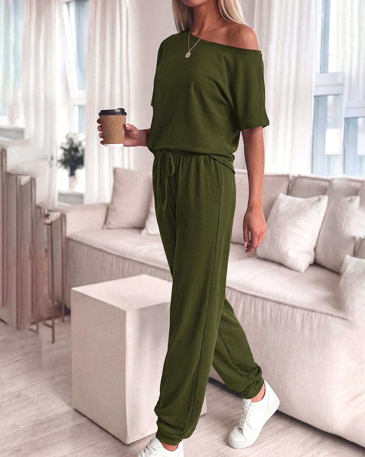 Zenlonr Women Summer 2 Piece Outfits 2026 Off Shoulder Short Sleeve Tops Elastic Waist Drawstring Long Pants Tracksuit - Image 3