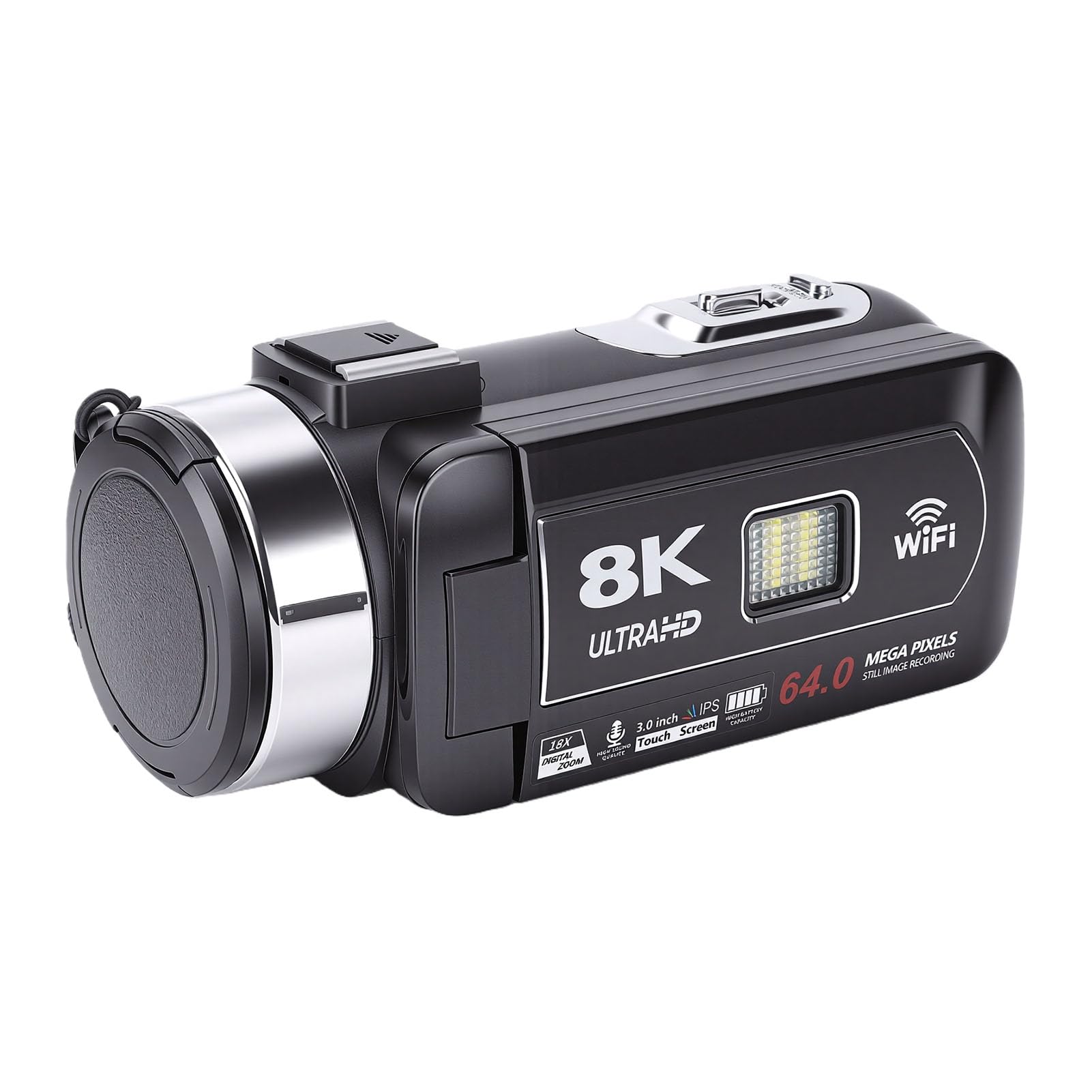 Videocamera 8K, Videocamera Touch Screen da 3 Pollici con Zoom Digitale 64MP 18X, Digitale con Webcam WiFi Luce LED per Viaggi in Streaming Live
